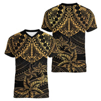 Black and Gold Polynesia Women V-Neck T-Shirt Plumeria Tattoo With Polynesian Pattern LT14 - Polynesian Pride
