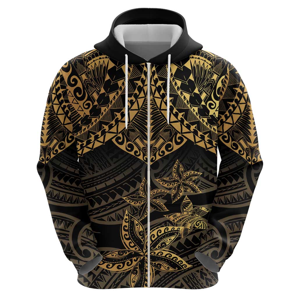 Black and Gold Polynesia Zip Hoodie Plumeria Tattoo With Polynesian Pattern