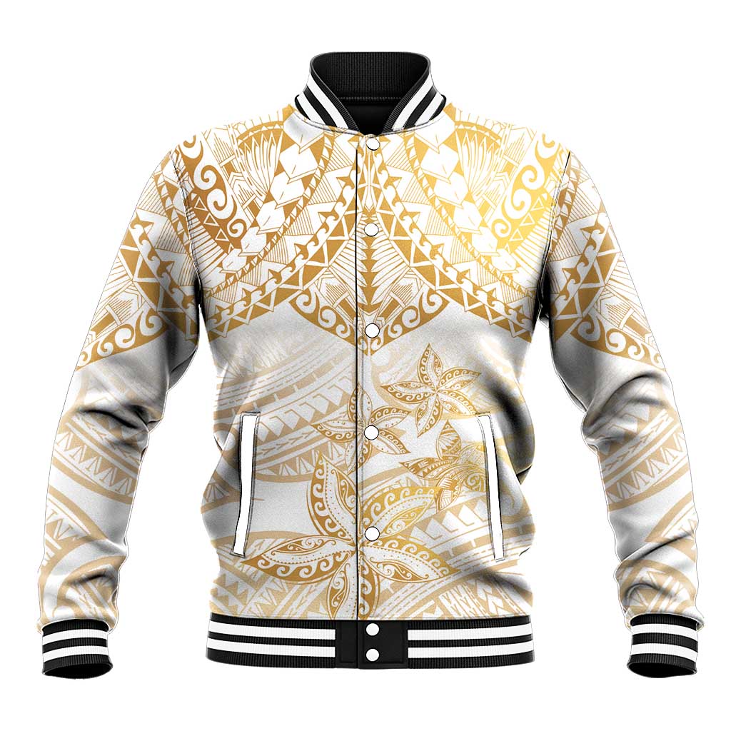 White and Gold Polynesia Baseball Jacket Plumeria Tattoo With Polynesian Pattern