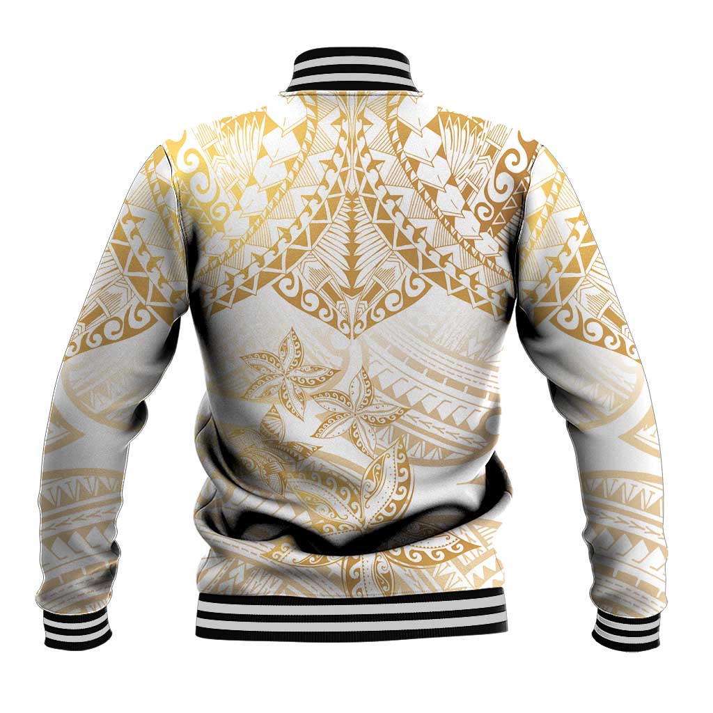 White and Gold Polynesia Baseball Jacket Plumeria Tattoo With Polynesian Pattern