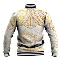 White and Gold Polynesia Baseball Jacket Plumeria Tattoo With Polynesian Pattern