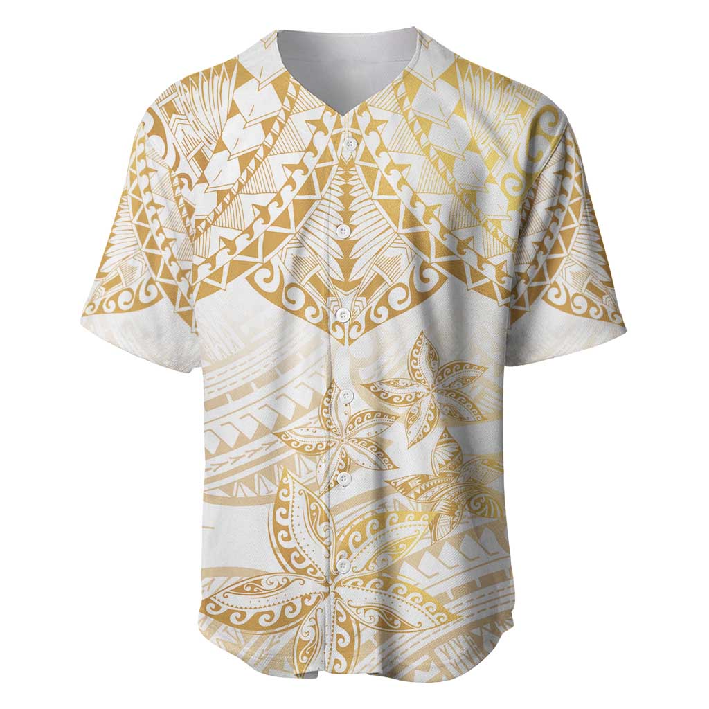 White and Gold Polynesia Baseball Jersey Plumeria Tattoo With Polynesian Pattern