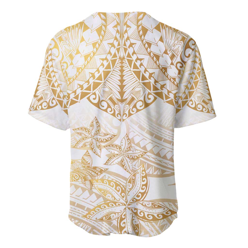 White and Gold Polynesia Baseball Jersey Plumeria Tattoo With Polynesian Pattern