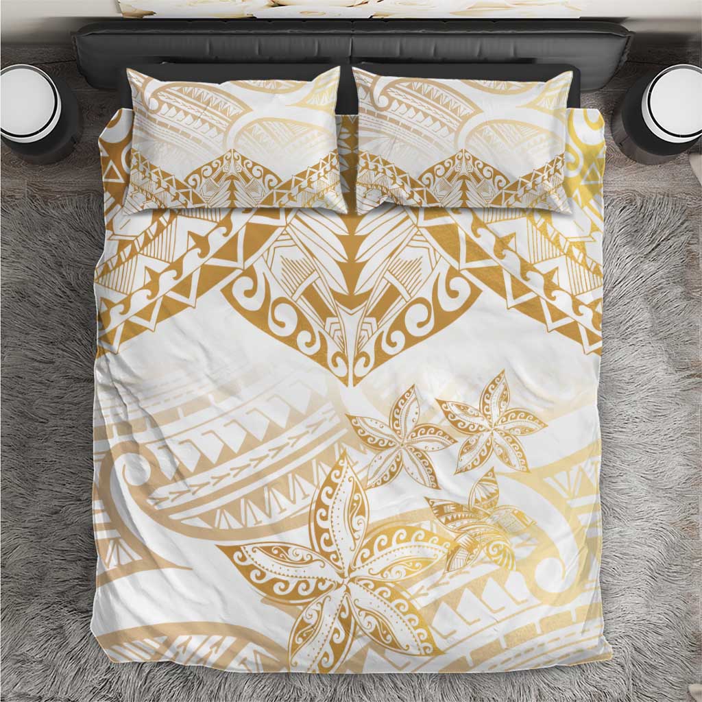 White and Gold Polynesia Bedding Set Plumeria Tattoo With Polynesian Pattern