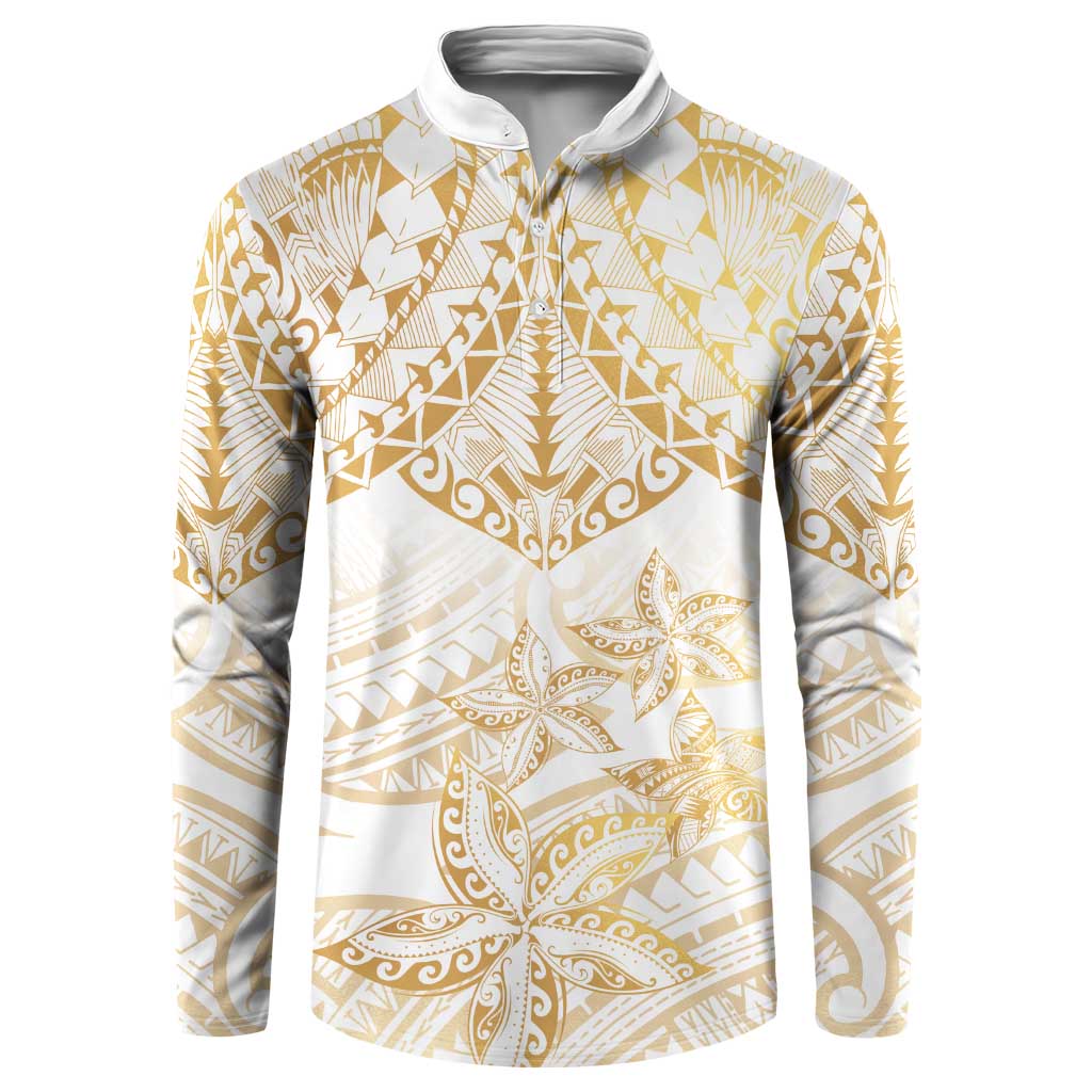 White and Gold Polynesia Button Sweatshirt Plumeria Tattoo With Polynesian Pattern LT14 White - Polynesian Pride