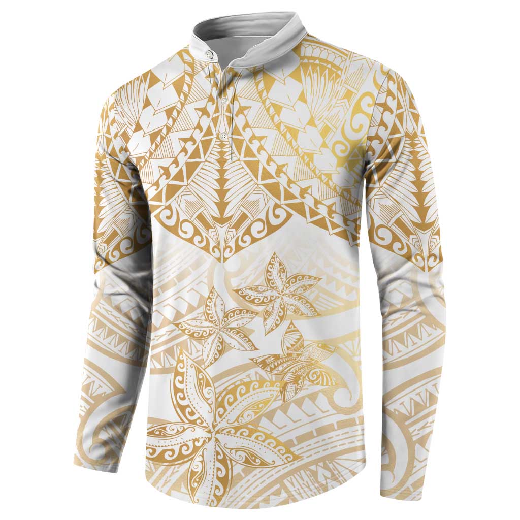 White and Gold Polynesia Button Sweatshirt Plumeria Tattoo With Polynesian Pattern LT14 - Polynesian Pride
