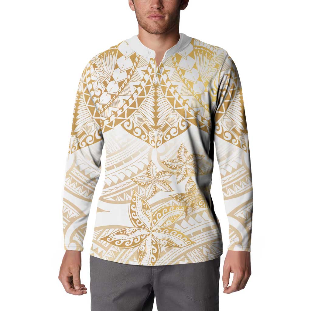 White and Gold Polynesia Button Sweatshirt Plumeria Tattoo With Polynesian Pattern LT14 - Polynesian Pride