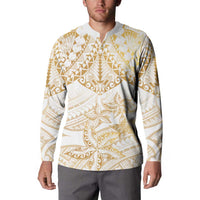 White and Gold Polynesia Button Sweatshirt Plumeria Tattoo With Polynesian Pattern LT14 - Polynesian Pride