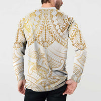White and Gold Polynesia Button Sweatshirt Plumeria Tattoo With Polynesian Pattern LT14 - Polynesian Pride