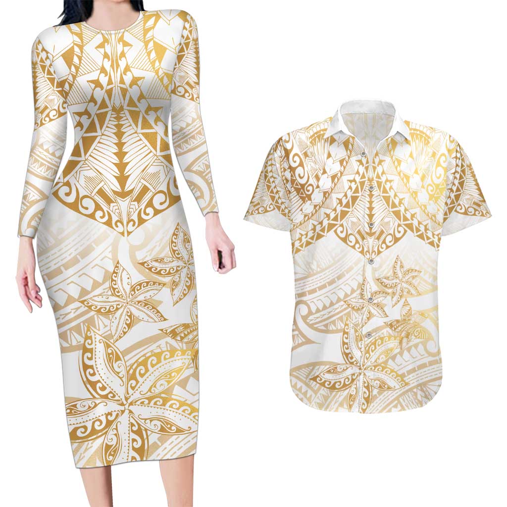 White and Gold Polynesia Couples Matching Long Sleeve Bodycon Dress and Hawaiian Shirt Plumeria Tattoo With Polynesian Pattern