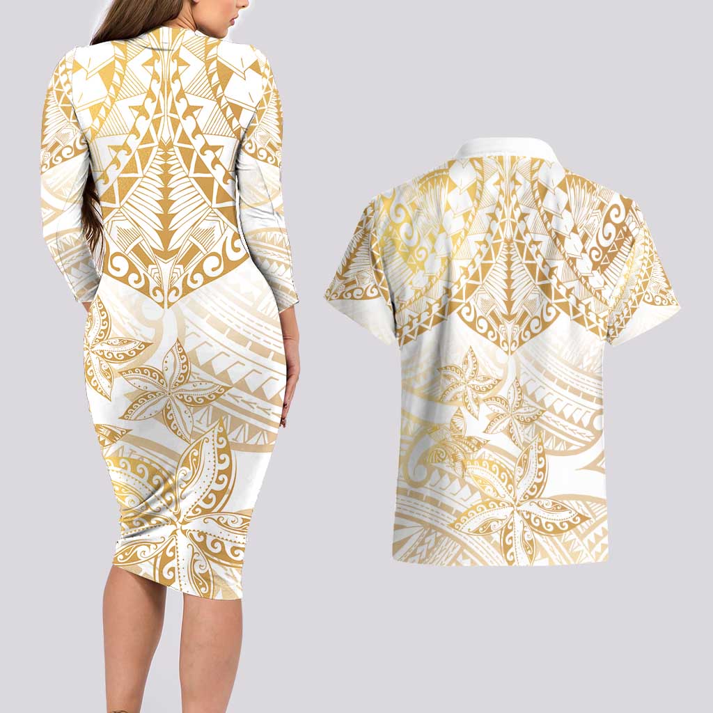 White and Gold Polynesia Couples Matching Long Sleeve Bodycon Dress and Hawaiian Shirt Plumeria Tattoo With Polynesian Pattern LT14 - Polynesian Pride