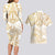 White and Gold Polynesia Couples Matching Long Sleeve Bodycon Dress and Hawaiian Shirt Plumeria Tattoo With Polynesian Pattern