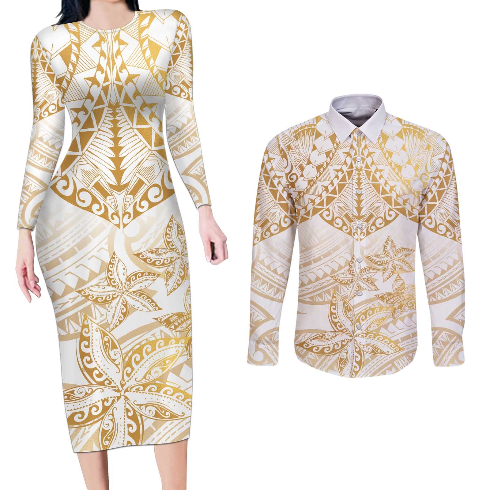 White and Gold Polynesia Couples Matching Long Sleeve Bodycon Dress and Long Sleeve Button Shirt Plumeria Tattoo With Polynesian Pattern LT14 White - Polynesian Pride