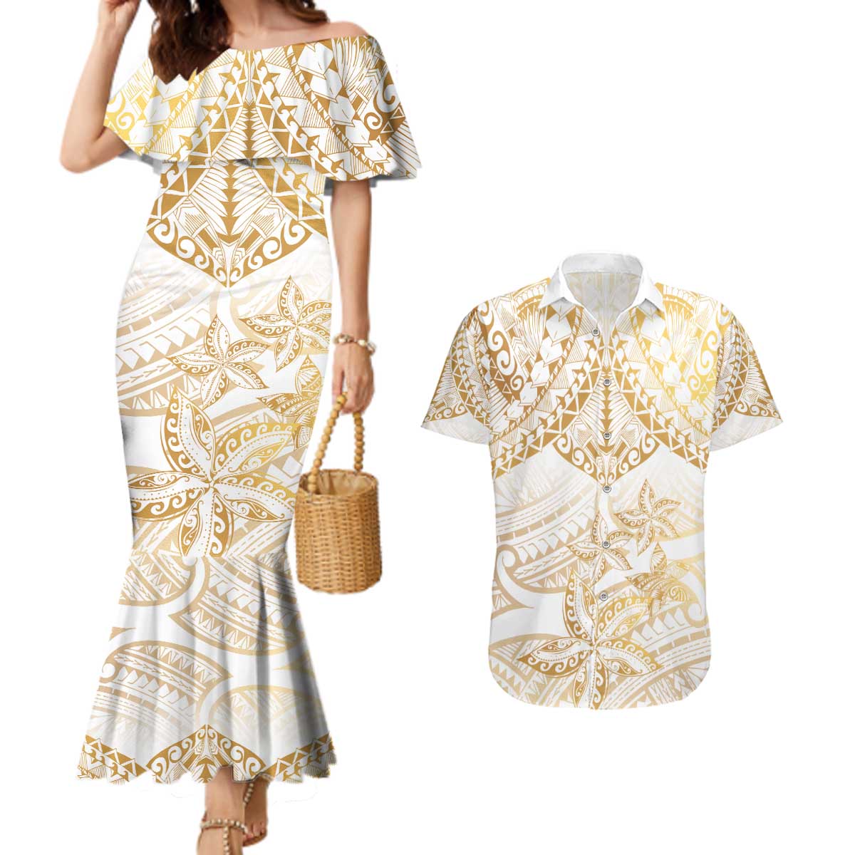 White and Gold Polynesia Couples Matching Mermaid Dress and Hawaiian Shirt Plumeria Tattoo With Polynesian Pattern