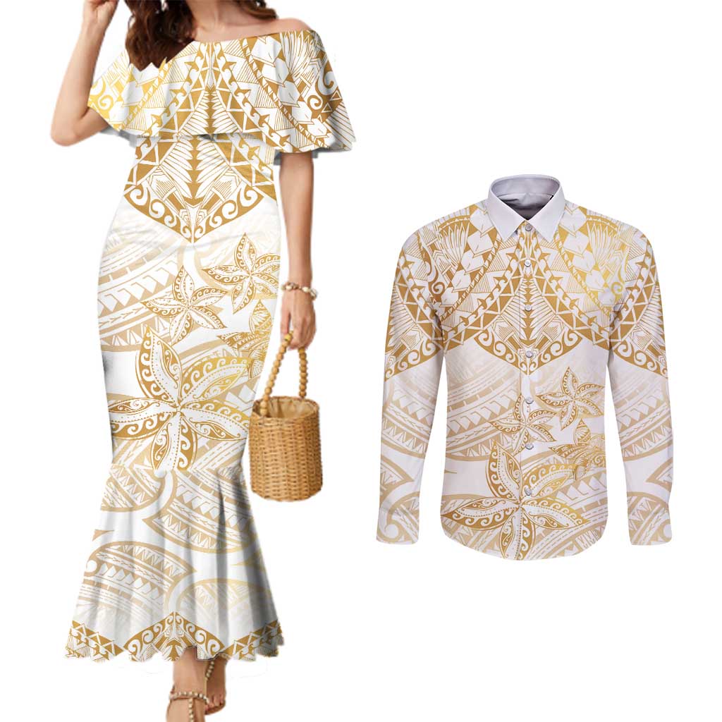 White and Gold Polynesia Couples Matching Mermaid Dress and Long Sleeve Button Shirt Plumeria Tattoo With Polynesian Pattern LT14 White - Polynesian Pride