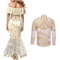 White and Gold Polynesia Couples Matching Mermaid Dress and Long Sleeve Button Shirt Plumeria Tattoo With Polynesian Pattern LT14 - Polynesian Pride