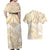 White and Gold Polynesia Couples Matching Off Shoulder Maxi Dress and Hawaiian Shirt Plumeria Tattoo With Polynesian Pattern