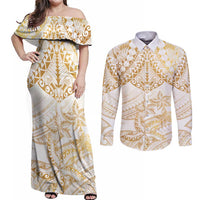 White and Gold Polynesia Couples Matching Off Shoulder Maxi Dress and Long Sleeve Button Shirt Plumeria Tattoo With Polynesian Pattern LT14 White - Polynesian Pride