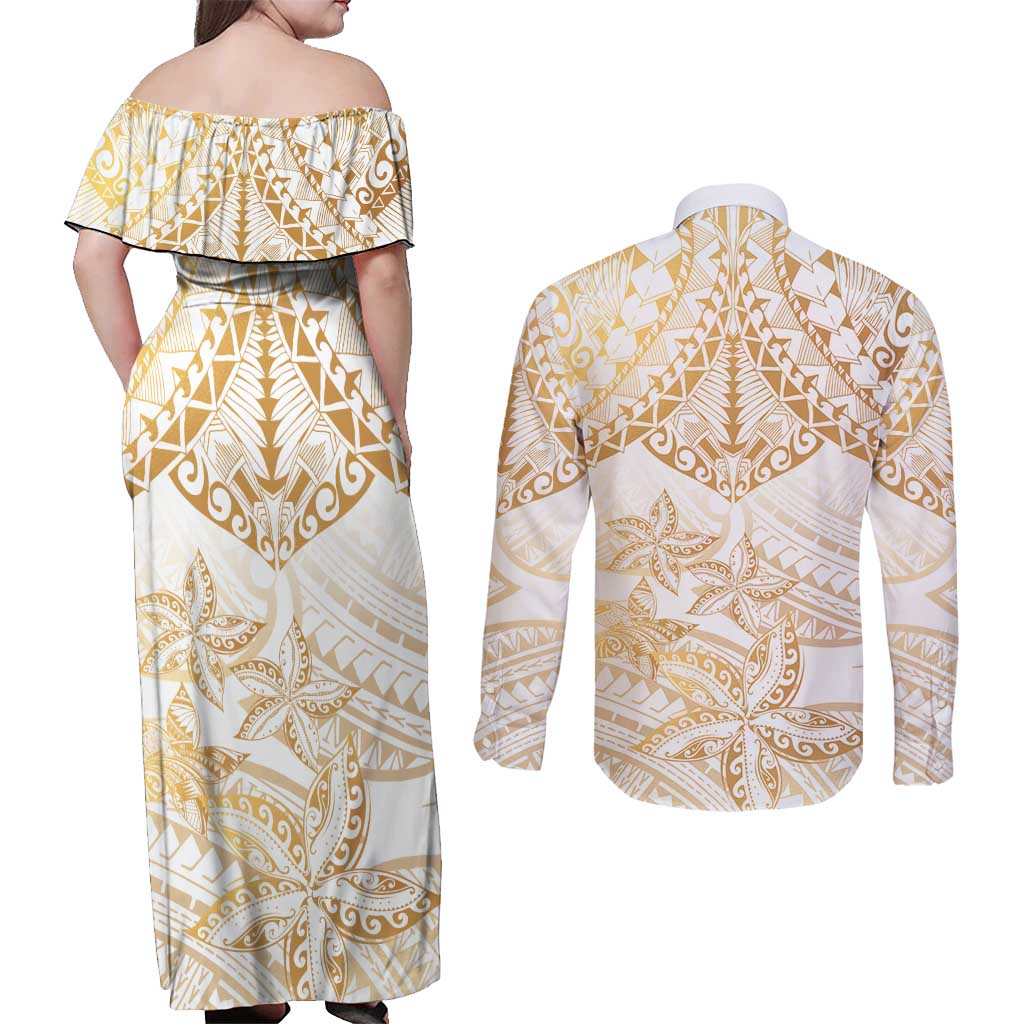 White and Gold Polynesia Couples Matching Off Shoulder Maxi Dress and Long Sleeve Button Shirt Plumeria Tattoo With Polynesian Pattern LT14 - Polynesian Pride