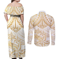 White and Gold Polynesia Couples Matching Off Shoulder Maxi Dress and Long Sleeve Button Shirt Plumeria Tattoo With Polynesian Pattern LT14 - Polynesian Pride