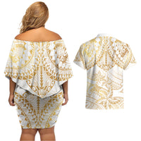 White and Gold Polynesia Couples Matching Off Shoulder Short Dress and Hawaiian Shirt Plumeria Tattoo With Polynesian Pattern LT14 - Polynesian Pride