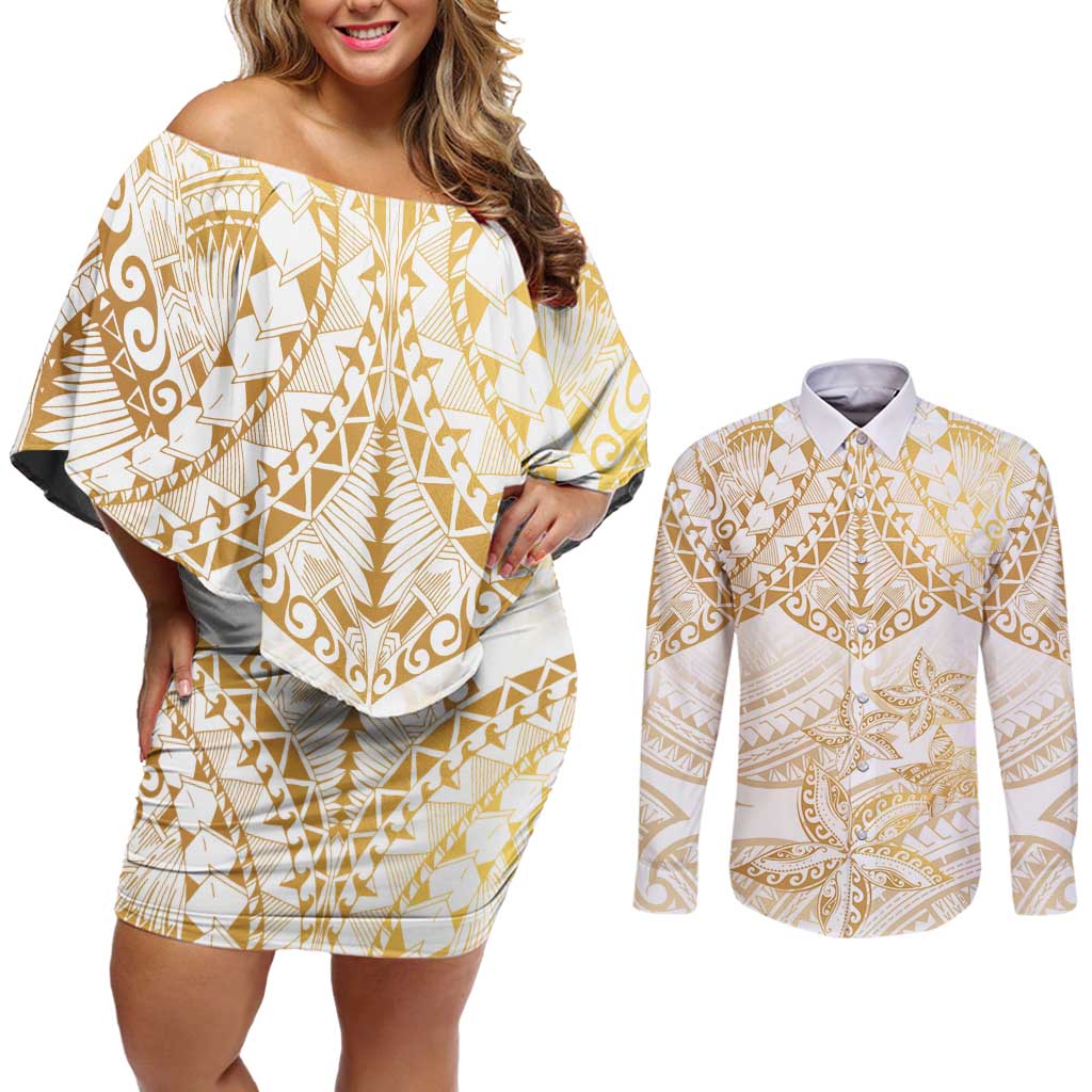 White and Gold Polynesia Couples Matching Off Shoulder Short Dress and Long Sleeve Button Shirt Plumeria Tattoo With Polynesian Pattern LT14 White - Polynesian Pride