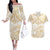 White and Gold Polynesia Couples Matching Off The Shoulder Long Sleeve Dress and Hawaiian Shirt Plumeria Tattoo With Polynesian Pattern