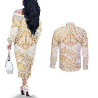 White and Gold Polynesia Couples Matching Off The Shoulder Long Sleeve Dress and Long Sleeve Button Shirt Plumeria Tattoo With Polynesian Pattern LT14 - Polynesian Pride