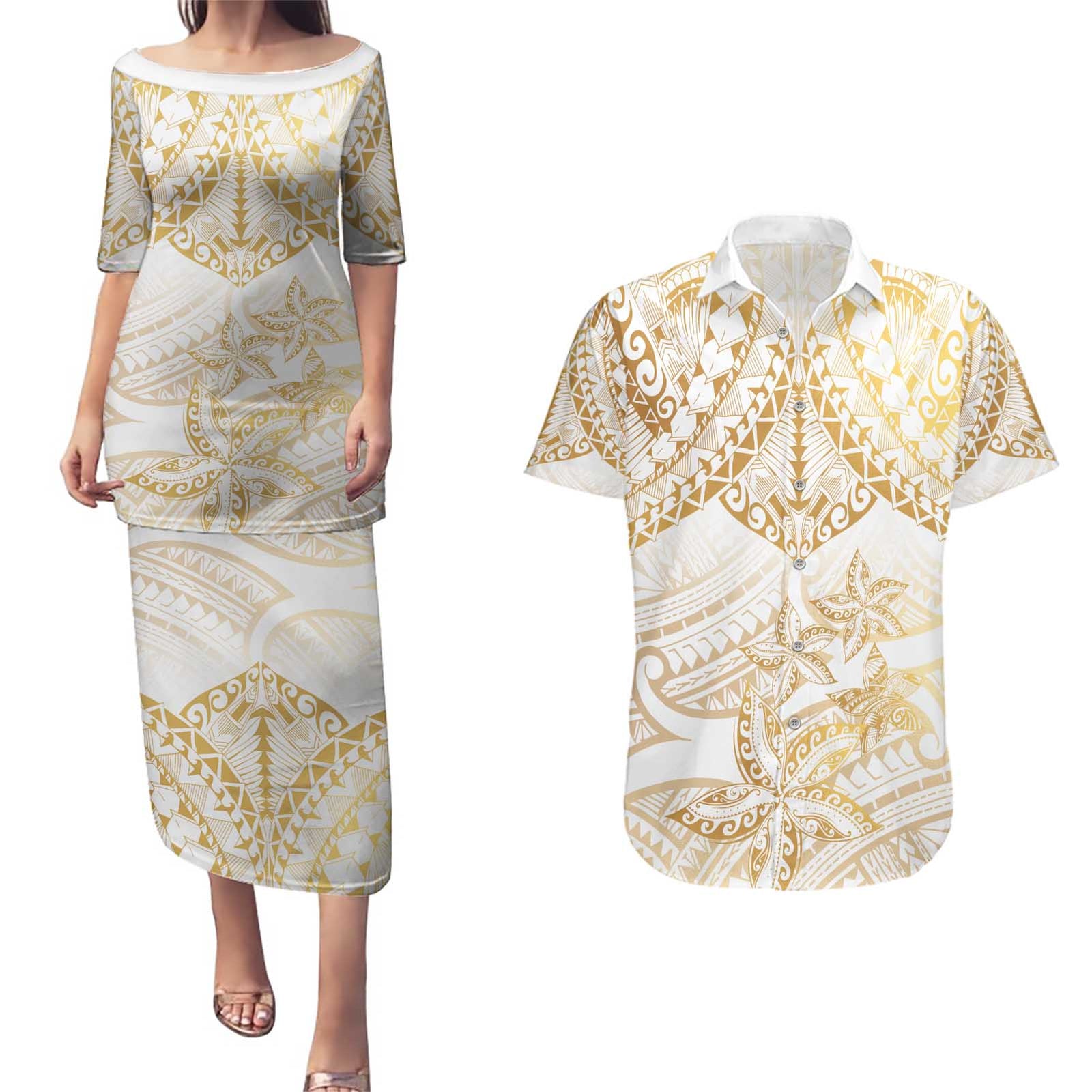 White and Gold Polynesia Couples Matching Puletasi and Hawaiian Shirt Plumeria Tattoo With Polynesian Pattern LT14 White - Polynesian Pride