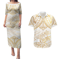 White and Gold Polynesia Couples Matching Puletasi and Hawaiian Shirt Plumeria Tattoo With Polynesian Pattern LT14 White - Polynesian Pride