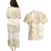 White and Gold Polynesia Couples Matching Puletasi and Hawaiian Shirt Plumeria Tattoo With Polynesian Pattern LT14 - Polynesian Pride