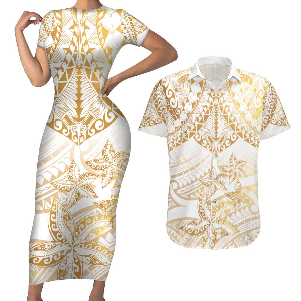 White and Gold Polynesia Couples Matching Short Sleeve Bodycon Dress and Hawaiian Shirt Plumeria Tattoo With Polynesian Pattern LT14 White - Polynesian Pride