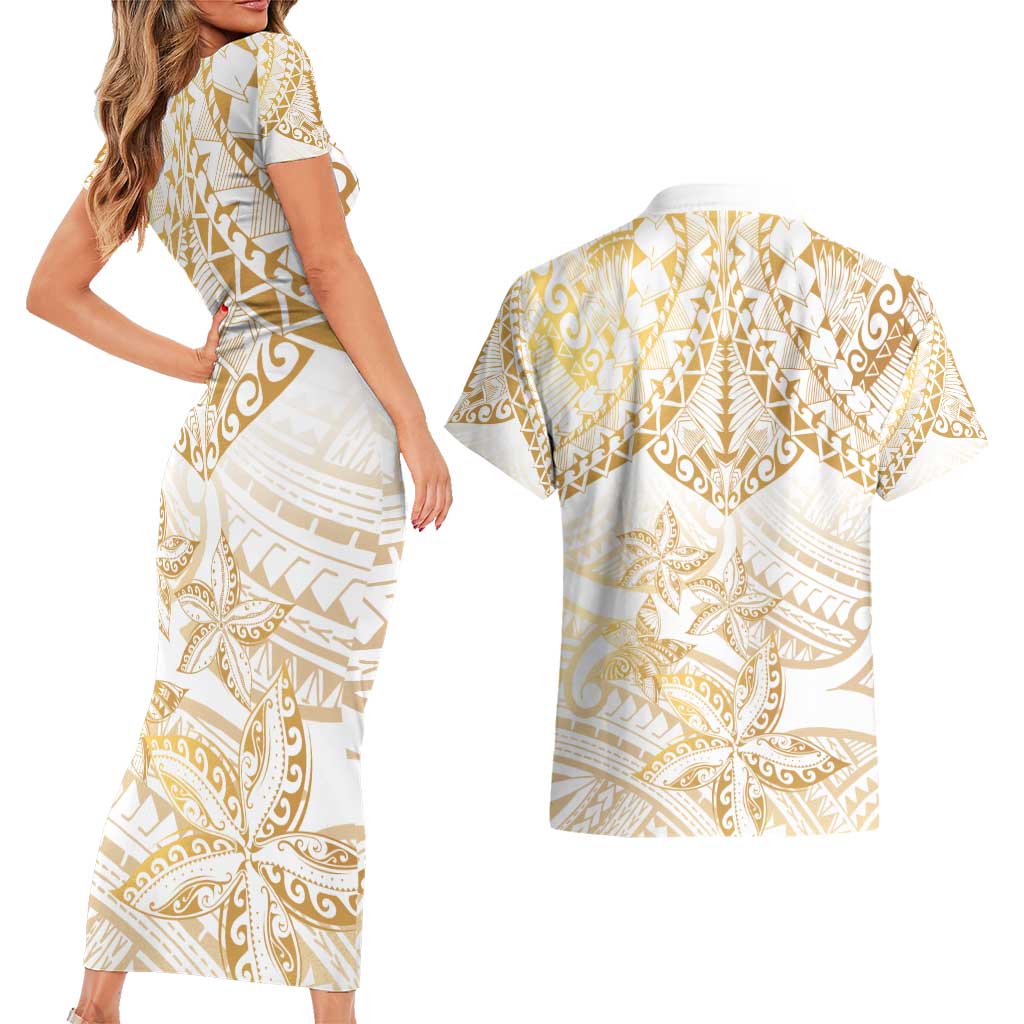 White and Gold Polynesia Couples Matching Short Sleeve Bodycon Dress and Hawaiian Shirt Plumeria Tattoo With Polynesian Pattern LT14 - Polynesian Pride