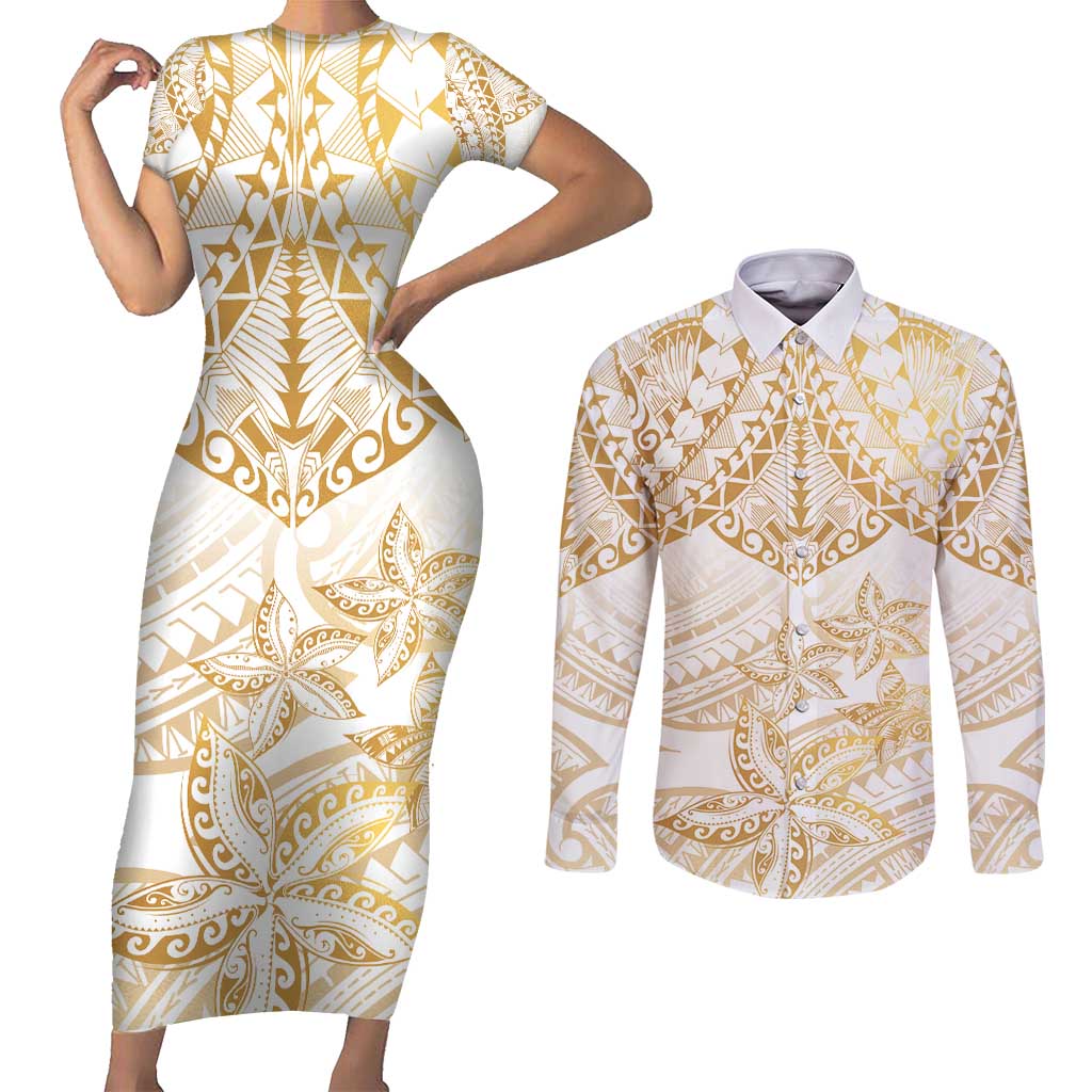 White and Gold Polynesia Couples Matching Short Sleeve Bodycon Dress and Long Sleeve Button Shirt Plumeria Tattoo With Polynesian Pattern LT14 White - Polynesian Pride