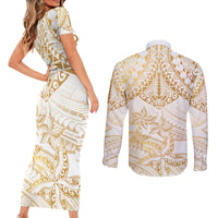 White and Gold Polynesia Couples Matching Short Sleeve Bodycon Dress and Long Sleeve Button Shirt Plumeria Tattoo With Polynesian Pattern LT14 - Polynesian Pride