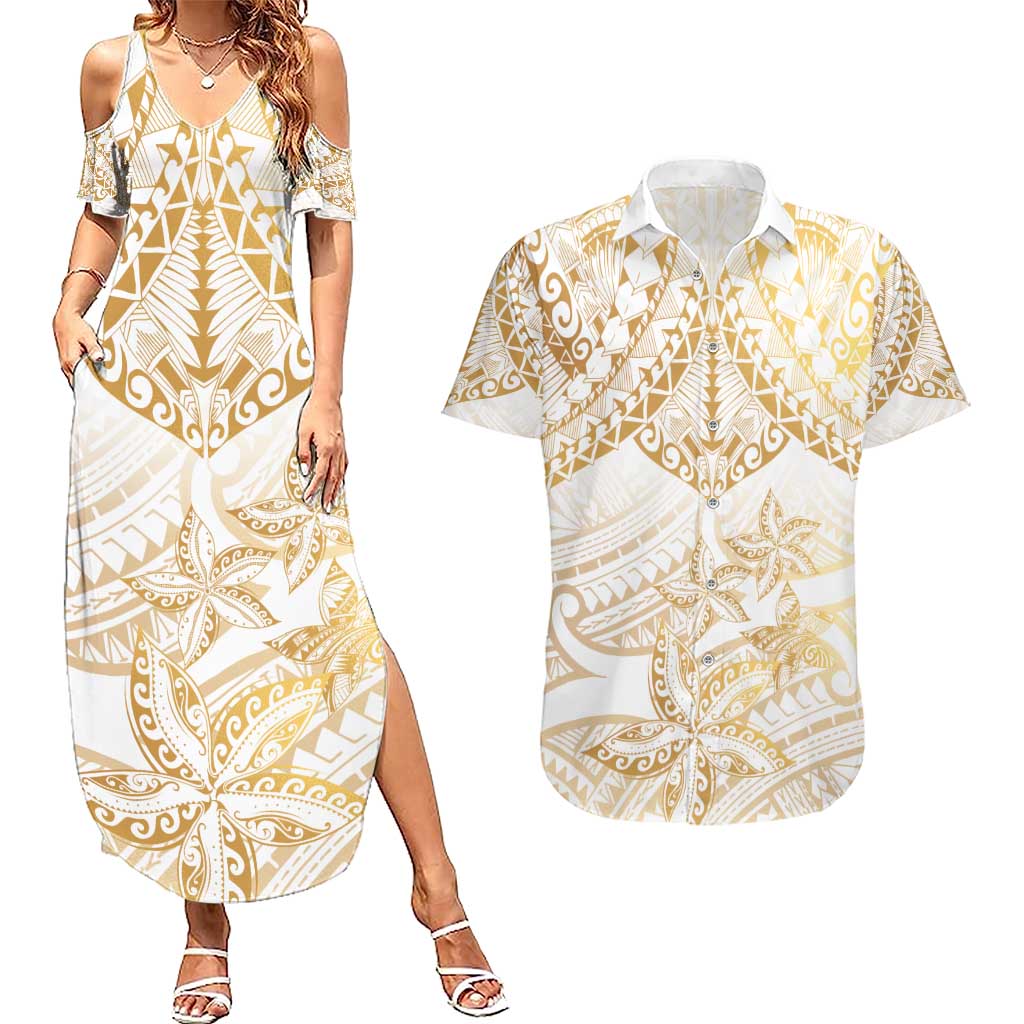 White and Gold Polynesia Couples Matching Summer Maxi Dress and Hawaiian Shirt Plumeria Tattoo With Polynesian Pattern LT14 White - Polynesian Pride