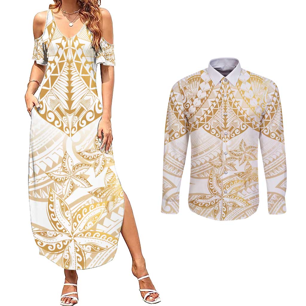 White and Gold Polynesia Couples Matching Summer Maxi Dress and Long Sleeve Button Shirt Plumeria Tattoo With Polynesian Pattern LT14 White - Polynesian Pride