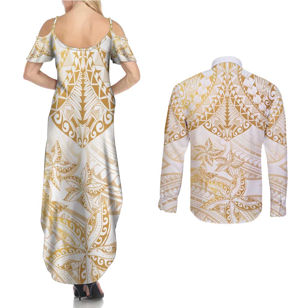 White and Gold Polynesia Couples Matching Summer Maxi Dress and Long Sleeve Button Shirt Plumeria Tattoo With Polynesian Pattern LT14 - Polynesian Pride