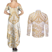 White and Gold Polynesia Couples Matching Summer Maxi Dress and Long Sleeve Button Shirt Plumeria Tattoo With Polynesian Pattern LT14 - Polynesian Pride