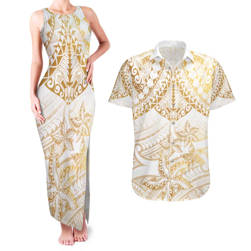 White and Gold Polynesia Couples Matching Tank Maxi Dress and Hawaiian Shirt Plumeria Tattoo With Polynesian Pattern LT14 White - Polynesian Pride