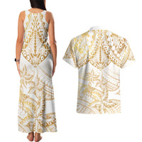 White and Gold Polynesia Couples Matching Tank Maxi Dress and Hawaiian Shirt Plumeria Tattoo With Polynesian Pattern LT14 - Polynesian Pride