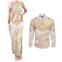 White and Gold Polynesia Couples Matching Tank Maxi Dress and Long Sleeve Button Shirt Plumeria Tattoo With Polynesian Pattern LT14 White - Polynesian Pride
