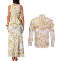 White and Gold Polynesia Couples Matching Tank Maxi Dress and Long Sleeve Button Shirt Plumeria Tattoo With Polynesian Pattern LT14 - Polynesian Pride