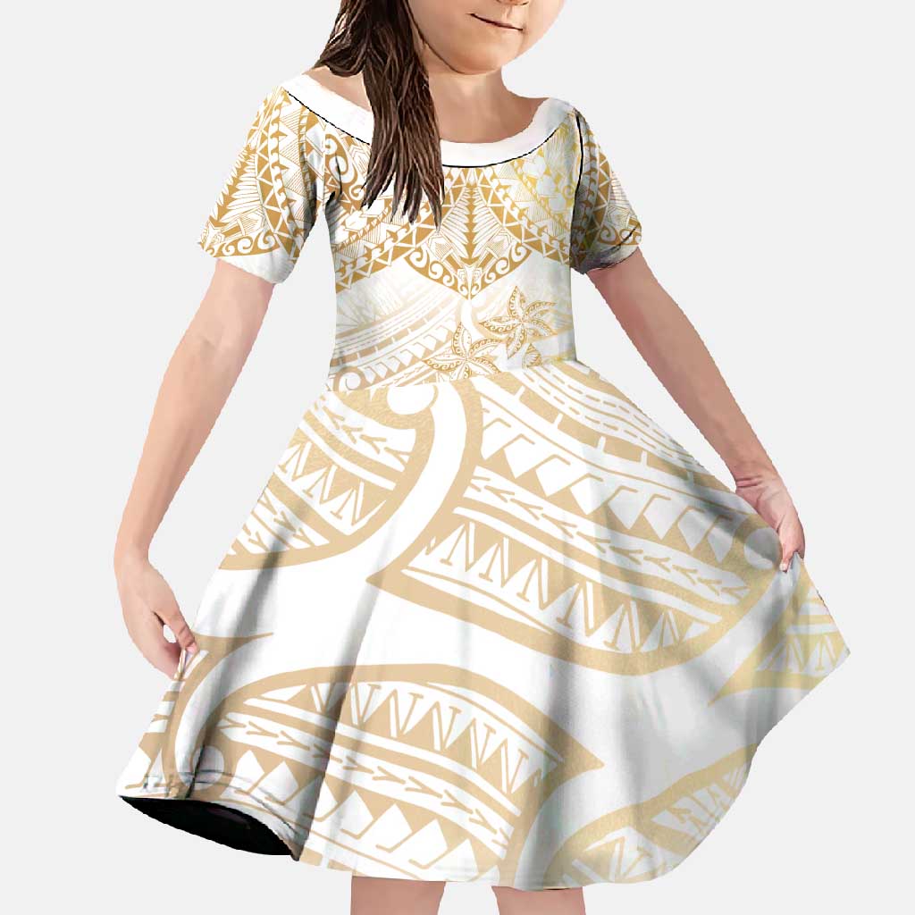 White and Gold Polynesia Family Matching Long Sleeve Bodycon Dress and Hawaiian Shirt Plumeria Tattoo With Polynesian Pattern LT14 Daughter's Dress White - Polynesian Pride