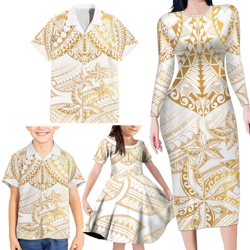 White and Gold Polynesia Family Matching Long Sleeve Bodycon Dress and Hawaiian Shirt Plumeria Tattoo With Polynesian Pattern