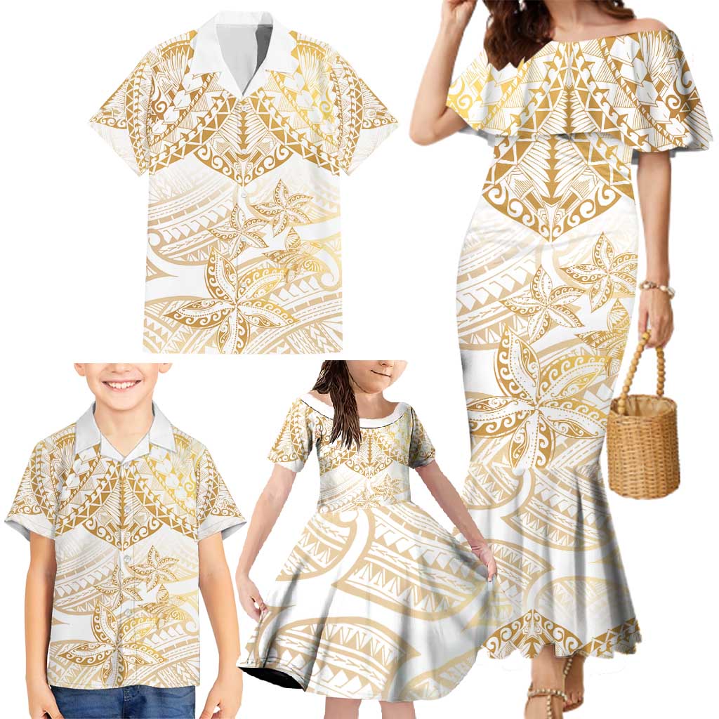 White and Gold Polynesia Family Matching Mermaid Dress and Hawaiian Shirt Plumeria Tattoo With Polynesian Pattern