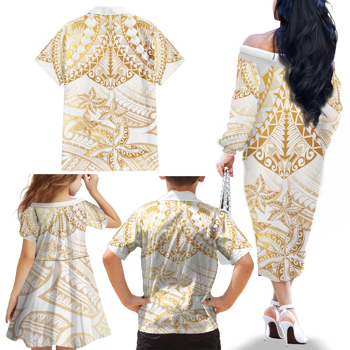 White and Gold Polynesia Family Matching Off The Shoulder Long Sleeve Dress and Hawaiian Shirt Plumeria Tattoo With Polynesian Pattern