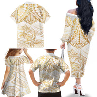 White and Gold Polynesia Family Matching Off The Shoulder Long Sleeve Dress and Hawaiian Shirt Plumeria Tattoo With Polynesian Pattern