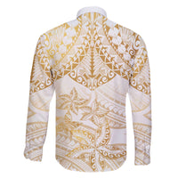 White and Gold Polynesia Family Matching Off The Shoulder Long Sleeve Dress and Hawaiian Shirt Plumeria Tattoo With Polynesian Pattern