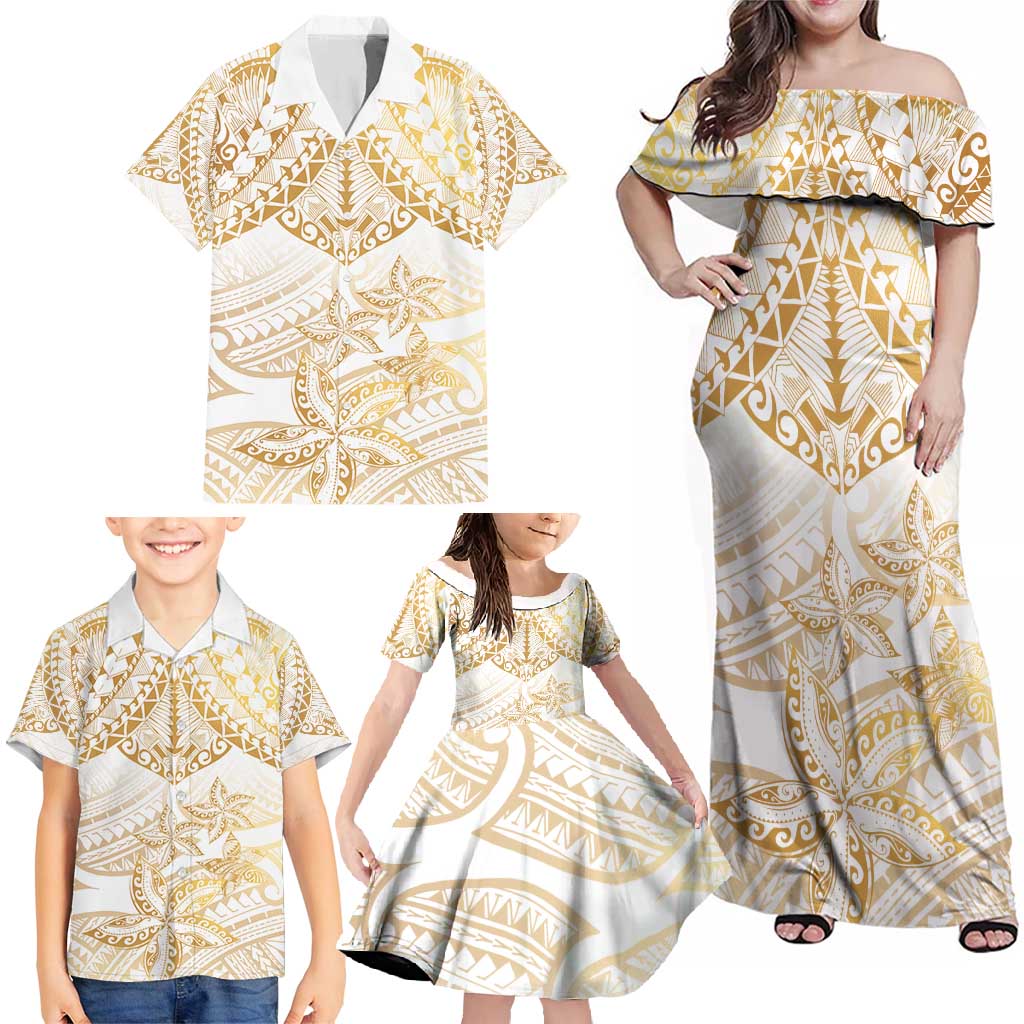 White and Gold Polynesia Family Matching Off Shoulder Maxi Dress and Hawaiian Shirt Plumeria Tattoo With Polynesian Pattern